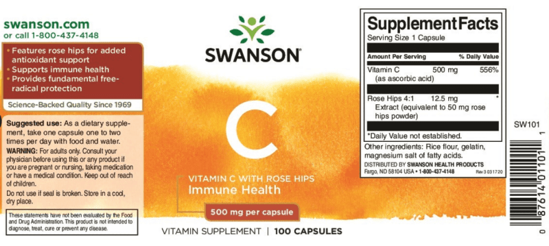 SWANSON SUPLEMENTO Swanson, Vitamina C con Rosa Mosqueta 500 mg (100 cápsulas)