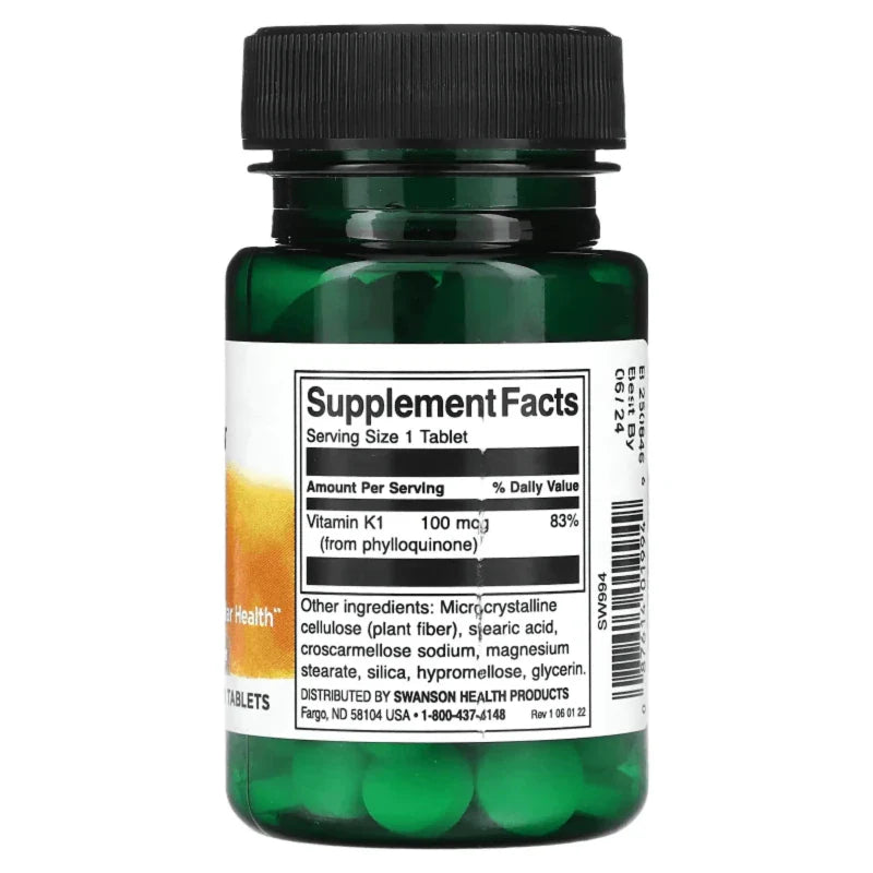 SWANSON Suplementos Swanson, Vitamina K-1 100 mcg (100 tabletas)