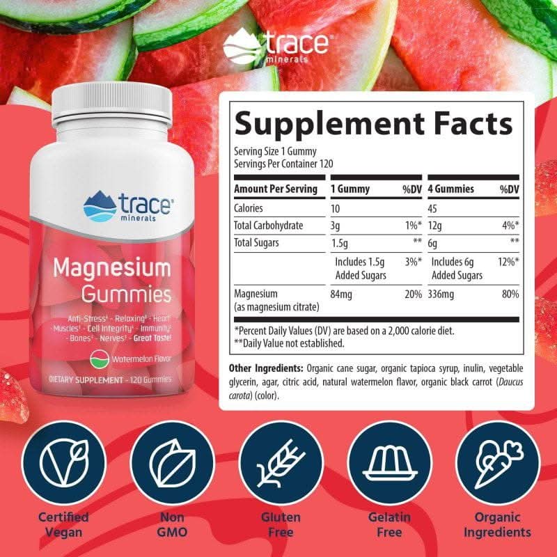 TRACE MINERALS SUPLEMENTOS Trace Minerals, Magnesio Sabor Sandía (120 gomitas)